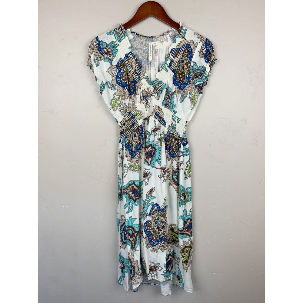 Overdrive Floral Boho Dress Smocked White Blue Short Sleeve Women's M